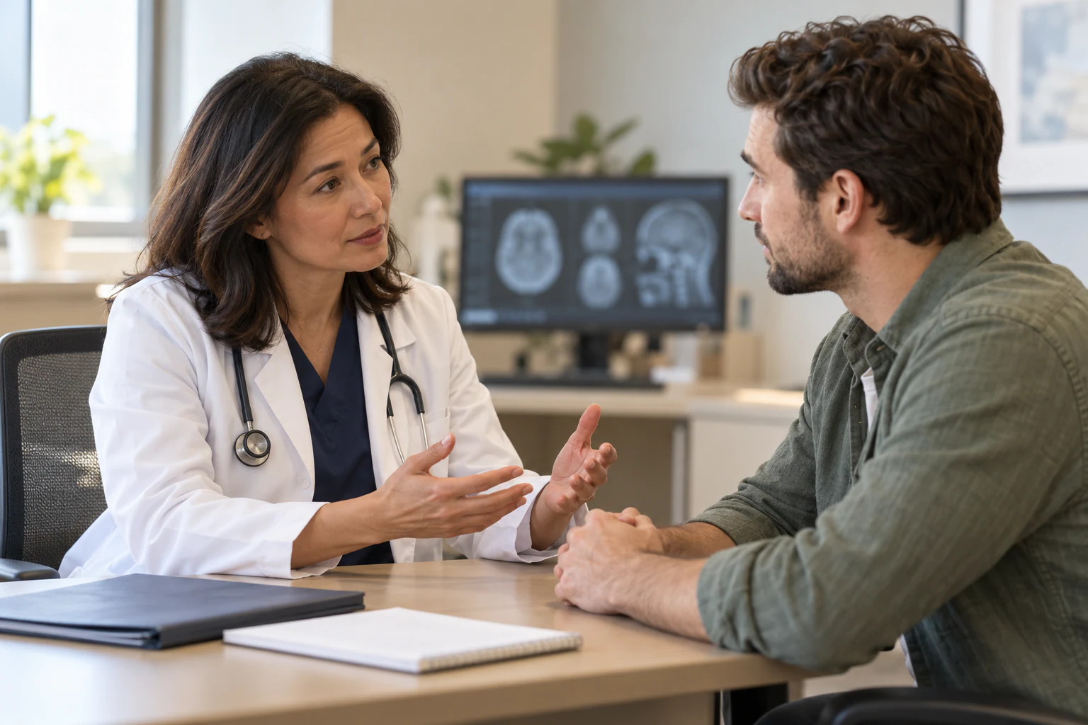 Clinician discussing head-injury follow-up with an adult patient in a consultation room